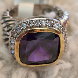 NEW Faux Amethyst & Rhinestone Fashion Ring Silver + Gold Tone Size 6
